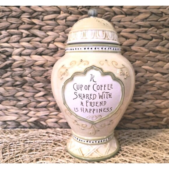 Amscan Coffee Cookie Jar "A Cup of Coffee Shared w/ a Friend is Happiness", EUC - Picture 1 of 10
